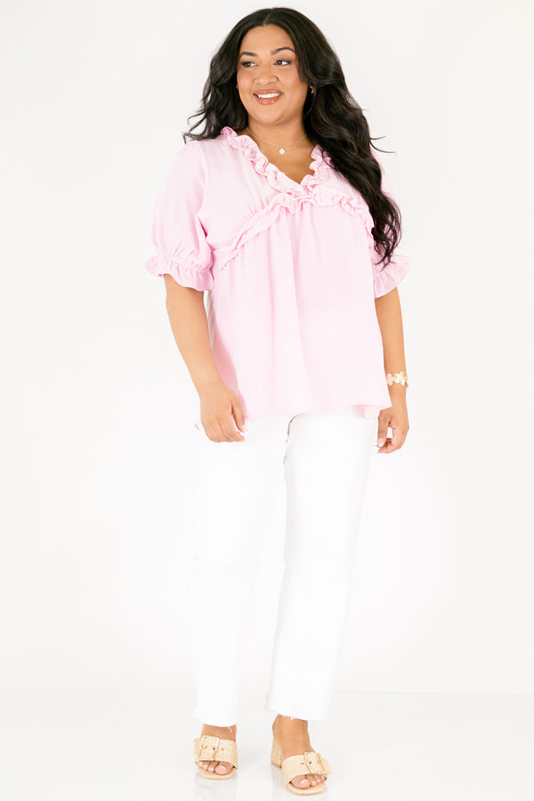 Chic Soul plus size clothing, light pink top with bubble sleeves as well as a v-neckline and ruffle detailing going along the neckline under the bust and at the end of each sleeve 