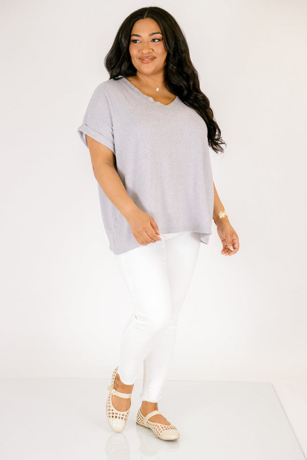 Heather grey colored tee with cuffed short sleeves and a scooped neck