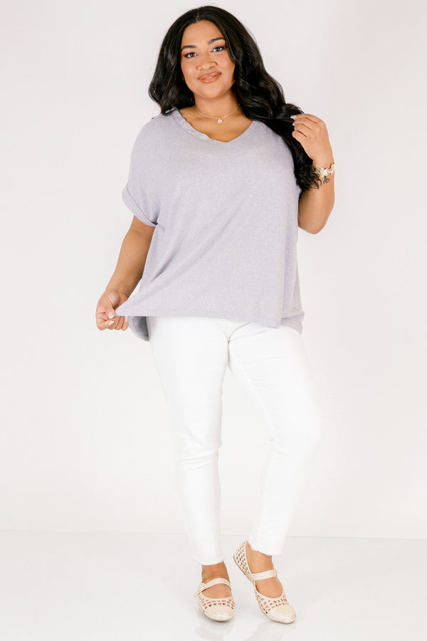 Heather grey colored tee with cuffed short sleeves and a scooped neck