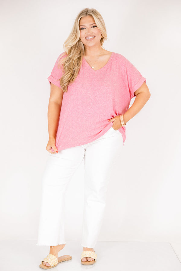 Heather fuchsia colored tee with cuffed short sleeves and a scooped neck