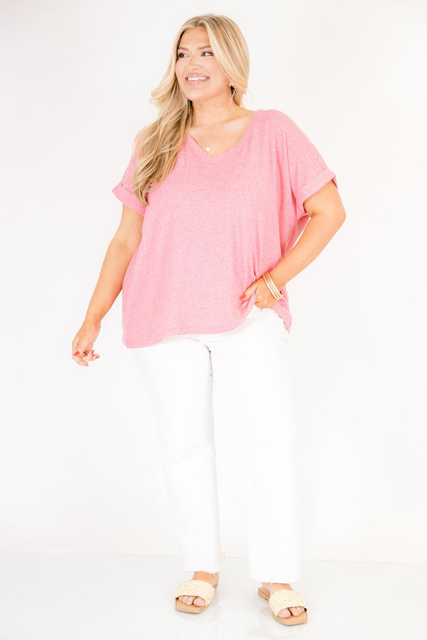 Heather fuchsia colored tee with cuffed short sleeves and a scooped neck