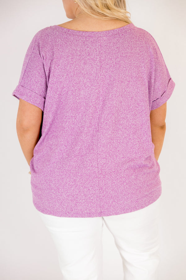 Heather light plum colored tee with cuffed short sleeves and a scooped neck