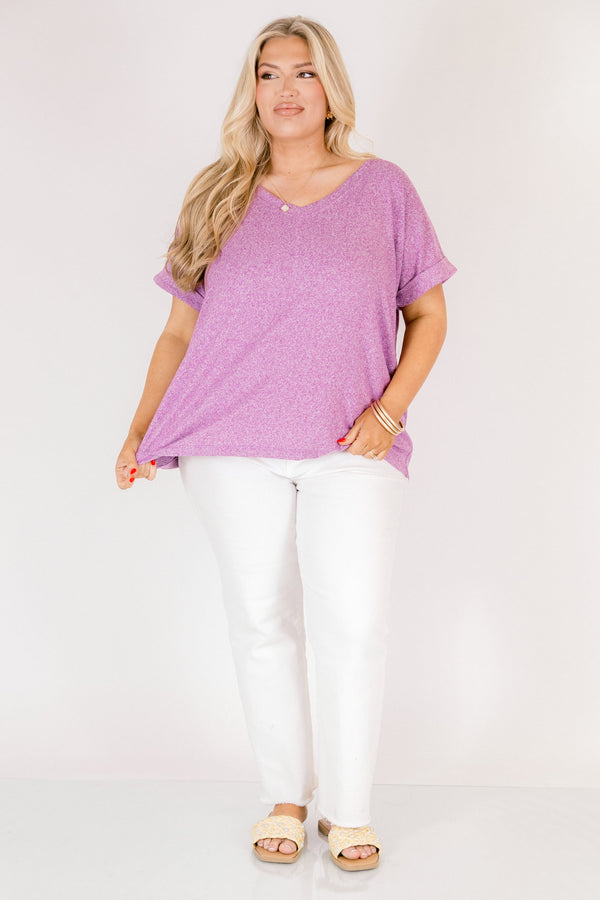 Heather light plum colored tee with cuffed short sleeves and a scooped neck