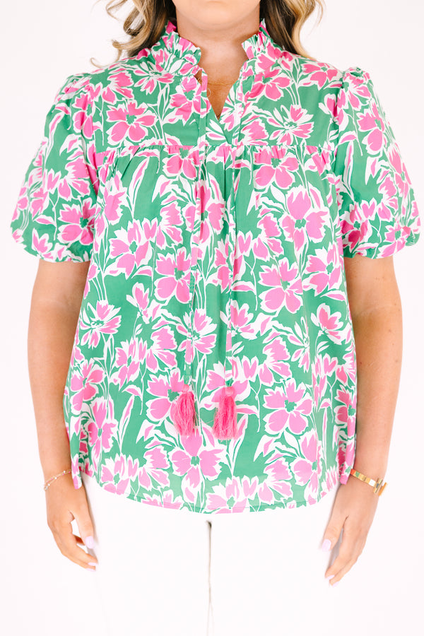 Chic Soul plus size clothing, pink and green floral print short puff sleeve top with v neck cutout