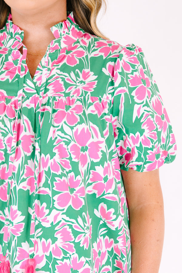 Chic Soul plus size clothing, pink and green floral print short puff sleeve top with v neck cutout