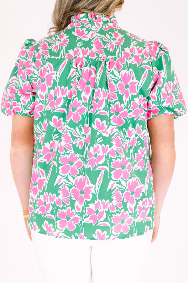 Chic Soul plus size clothing, pink and green floral print short puff sleeve top with v neck cutout