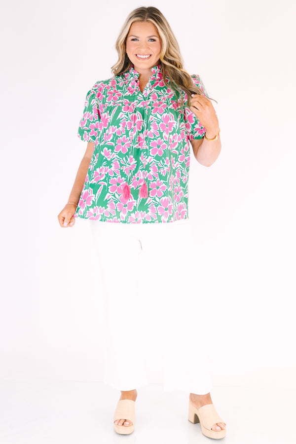 Chic Soul plus size clothing, pink and green floral print short puff sleeve top with v neck cutout
