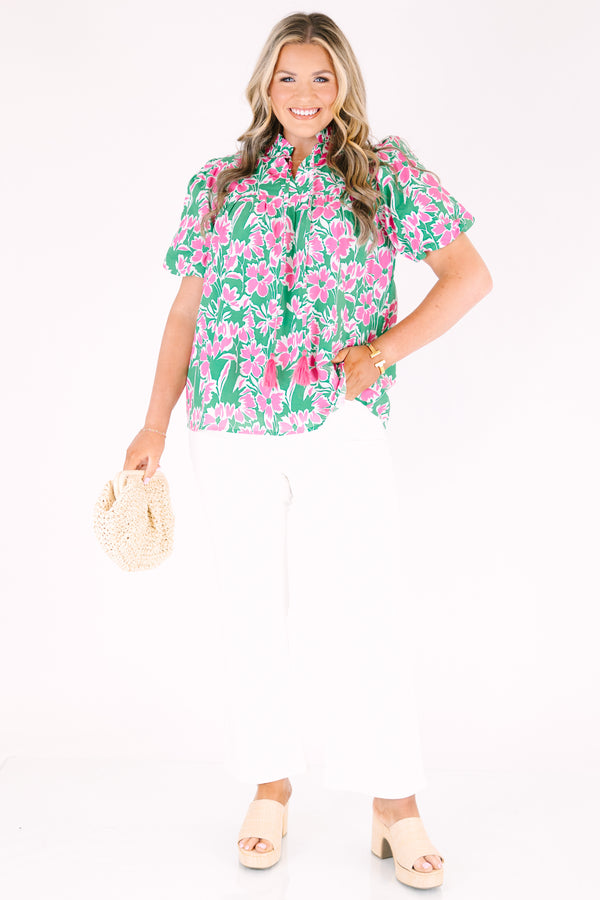 Chic Soul plus size clothing, pink and green floral print short puff sleeve top with v neck cutout