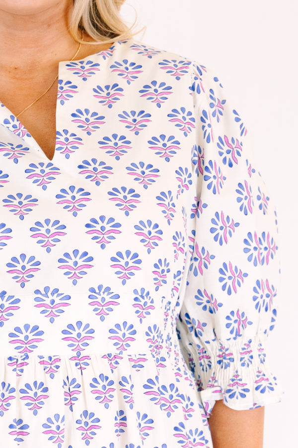Chic Soul plus size clothing, white puff half sleeve tiered maxi dress with cinching and ruffles at the end of the sleeves, and a purple floral block print