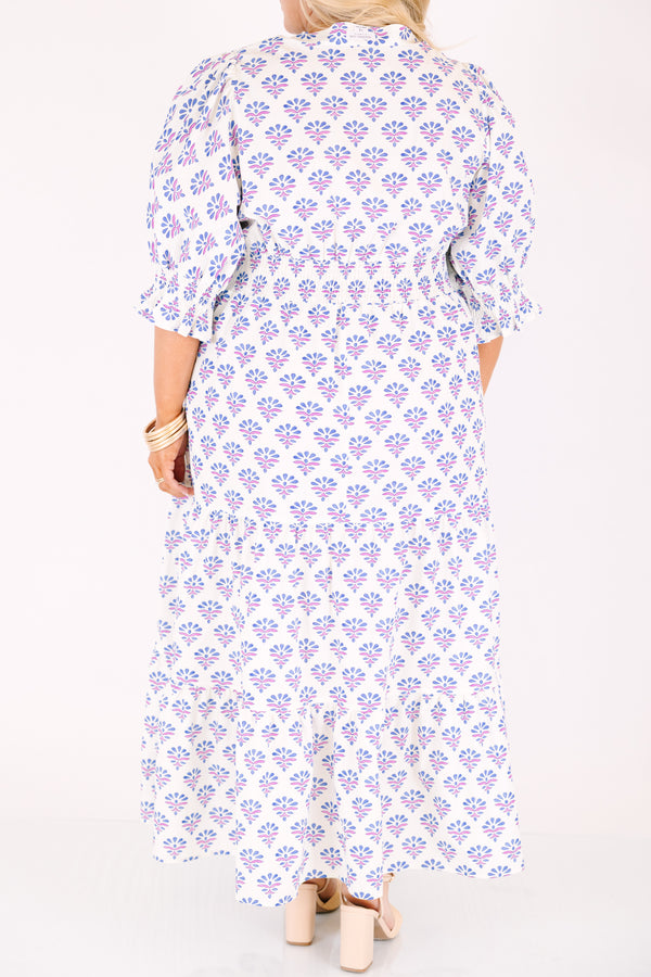 Chic Soul plus size clothing, white puff half sleeve tiered maxi dress with cinching and ruffles at the end of the sleeves, and a purple floral block print