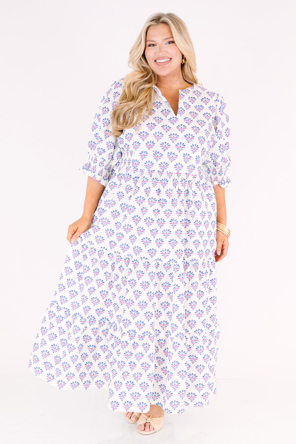 Chic Soul plus size clothing, white puff half sleeve tiered maxi dress with cinching and ruffles at the end of the sleeves, and a purple floral block print