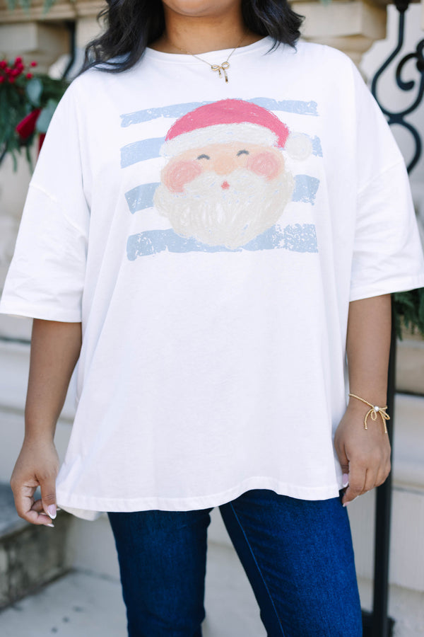 Plus Size white 100% cotton boyfriend tee with a Santa Claus graphic and blue stripes.