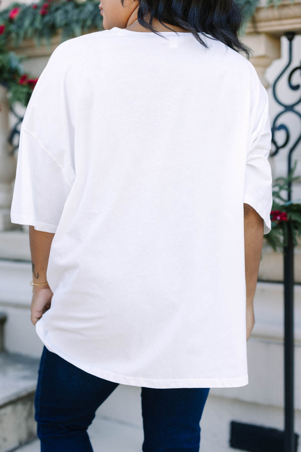 Plus Size white 100% cotton boyfriend tee with a Santa Claus graphic and blue stripes.