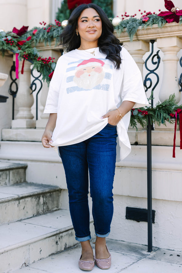 Plus Size white 100% cotton boyfriend tee with a Santa Claus graphic and blue stripes.
