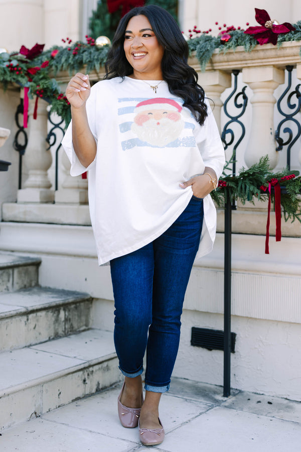 Plus Size white 100% cotton boyfriend tee with a Santa Claus graphic and blue stripes.
