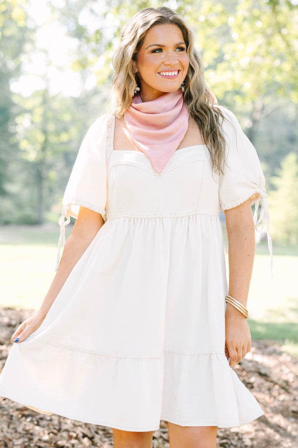 Plus Size cream denim mini dress with puff sleeves, a square neckline, and a tiered skirt.