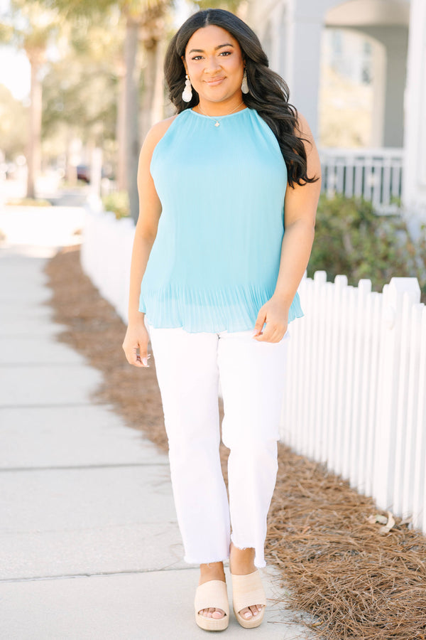 Chic Soul plus size clothing, aqua blue sleeveless top with pleated bottom edges and high scoop neckline
