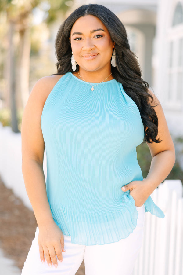Chic Soul plus size clothing, aqua blue sleeveless top with pleated bottom edges and high scoop neckline
