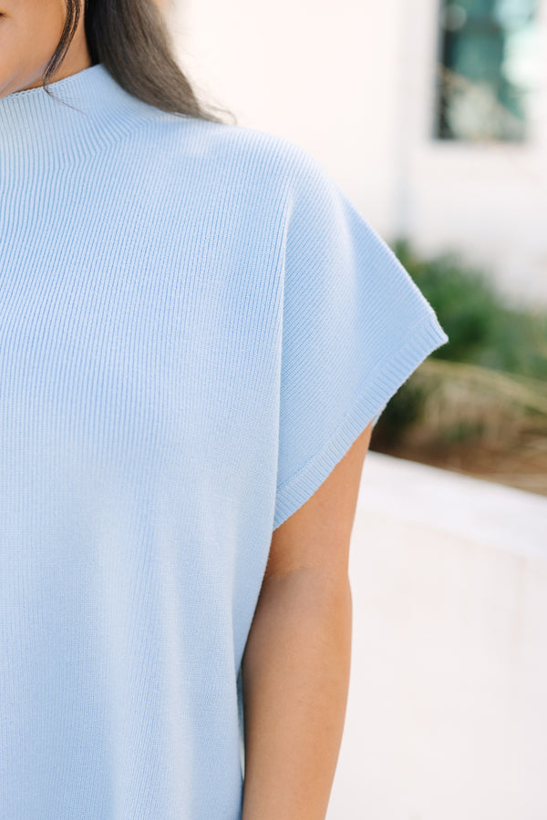 Chic Soul plus size clothing, blue high neck short sleeve sweater with slits on each side of the sweater 