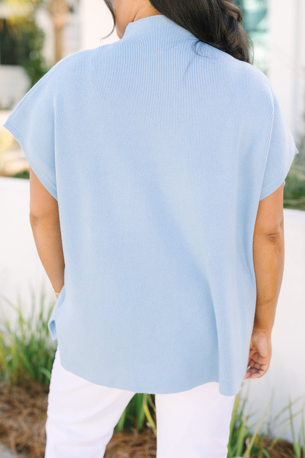 Chic Soul plus size clothing, blue high neck short sleeve sweater with slits on each side of the sweater 