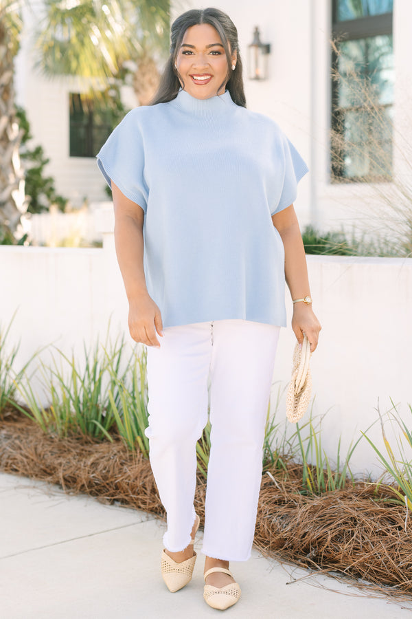 Chic Soul plus size clothing, blue high neck short sleeve sweater with slits on each side of the sweater 