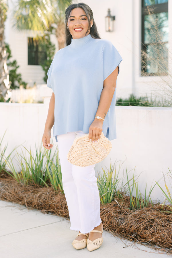 Chic Soul plus size clothing, blue high neck short sleeve sweater with slits on each side of the sweater 