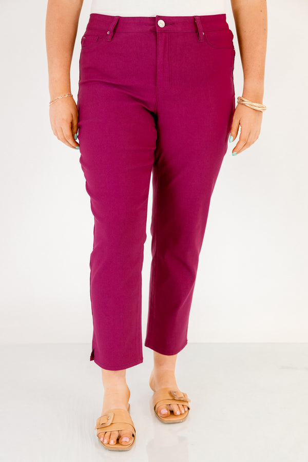 Chic Soul plus size clothing, fuchsia ankle length pants with small slit in the sides of the legs and button and zipper fly closure