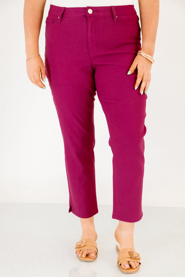 Chic Soul plus size clothing, fuchsia ankle length pants with small slit in the sides of the legs and button and zipper fly closure