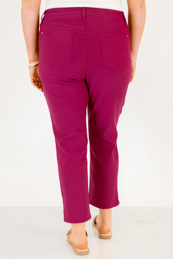 Chic Soul plus size clothing, fuchsia ankle length pants with small slit in the sides of the legs and button and zipper fly closure