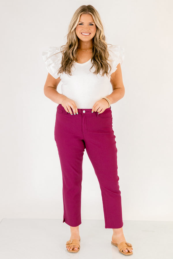 Chic Soul plus size clothing, fuchsia ankle length pants with small slit in the sides of the legs and button and zipper fly closure