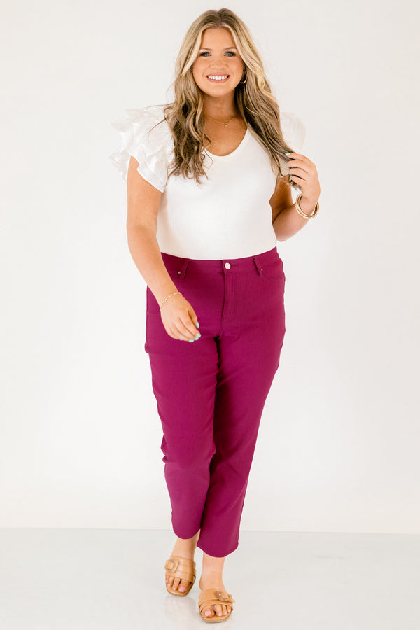 Chic Soul plus size clothing, fuchsia ankle length pants with small slit in the sides of the legs and button and zipper fly closure