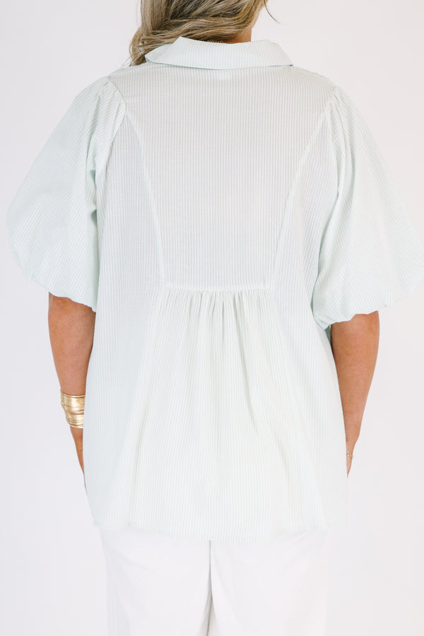 Plus Size green and white striped short puff sleeve top with a smocked bust and collar.
