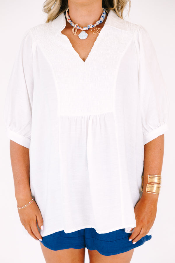 Chic Soul plus size clothing, white top with bubble sleeves and smocked detailing on the chest area and along the v-neckline 