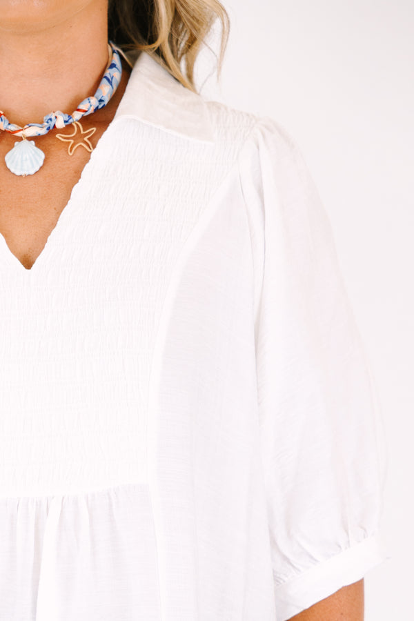 Chic Soul plus size clothing, white top with bubble sleeves and smocked detailing on the chest area and along the v-neckline 
