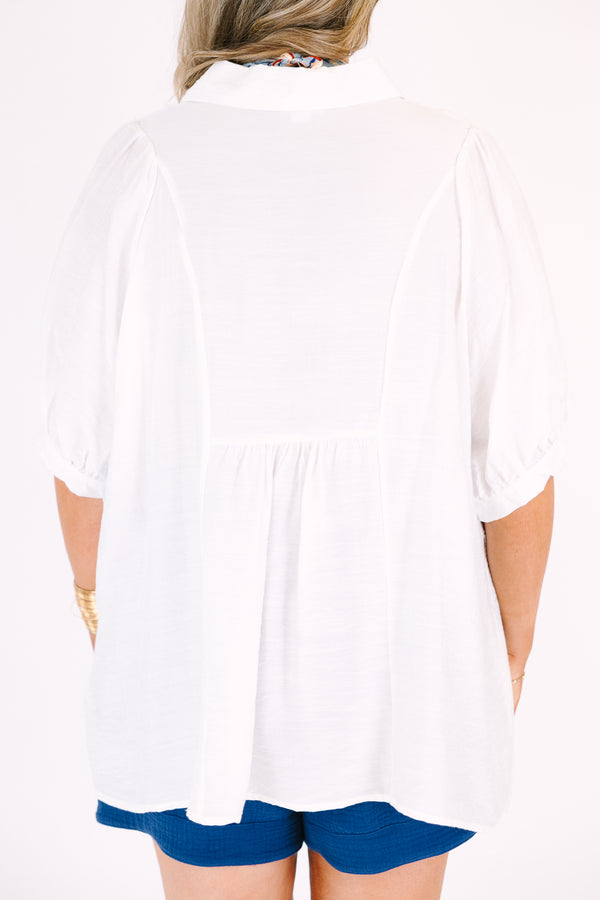 Chic Soul plus size clothing, white top with bubble sleeves and smocked detailing on the chest area and along the v-neckline 