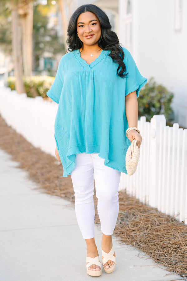 Chic Soul plus size clothing, teal short sleeve gauze material top with v-neckline and raw hem distressing along the bottom, sleeves, and neckline