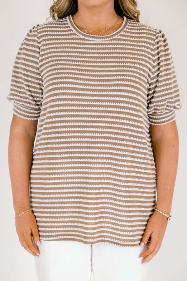 Chic Soul plus size clothing, brown top with a white striped pattern and bubble sleeves that have a cuff at the end 