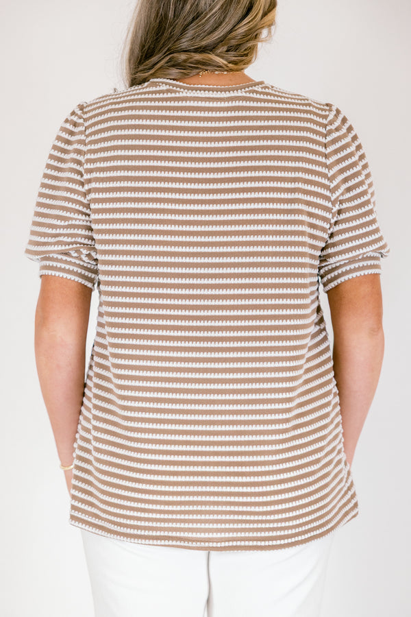 Chic Soul plus size clothing, brown top with a white striped pattern and bubble sleeves that have a cuff at the end 