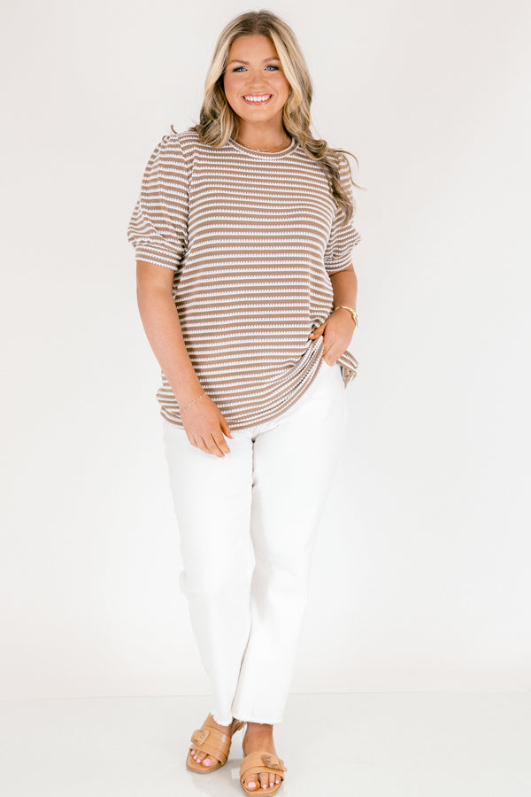 Chic Soul plus size clothing, brown top with a white striped pattern and bubble sleeves that have a cuff at the end 