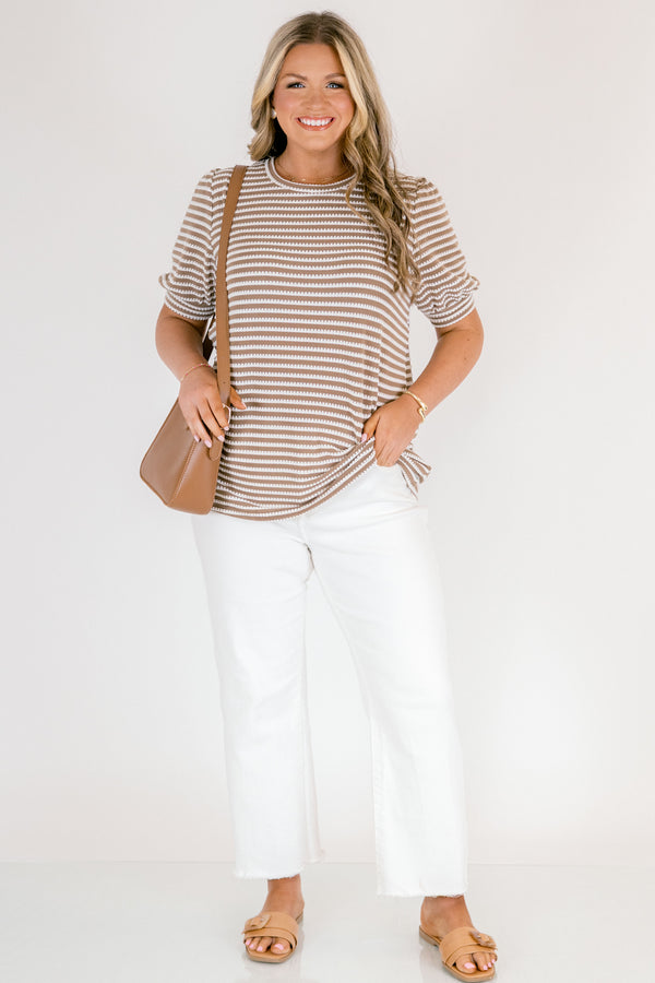 Chic Soul plus size clothing, brown top with a white striped pattern and bubble sleeves that have a cuff at the end 