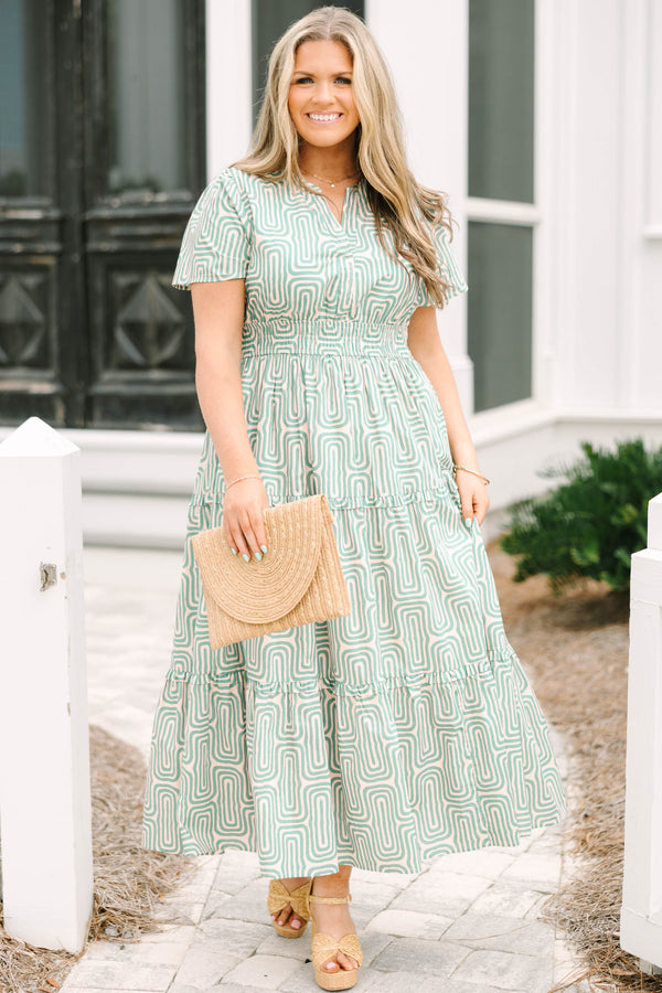 Chic Soul plus size clothing, green and white geometric line pattern short sleeve tiered maxi dress with v neck cutout and cinching at the waist