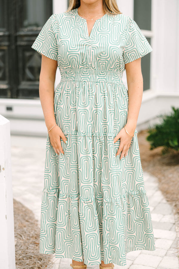 Chic Soul plus size clothing, green and white geometric line pattern short sleeve tiered maxi dress with v neck cutout and cinching at the waist