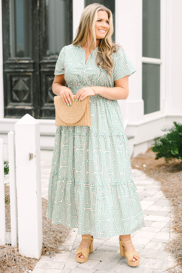 Chic Soul plus size clothing, green and white geometric line pattern short sleeve tiered maxi dress with v neck cutout and cinching at the waist