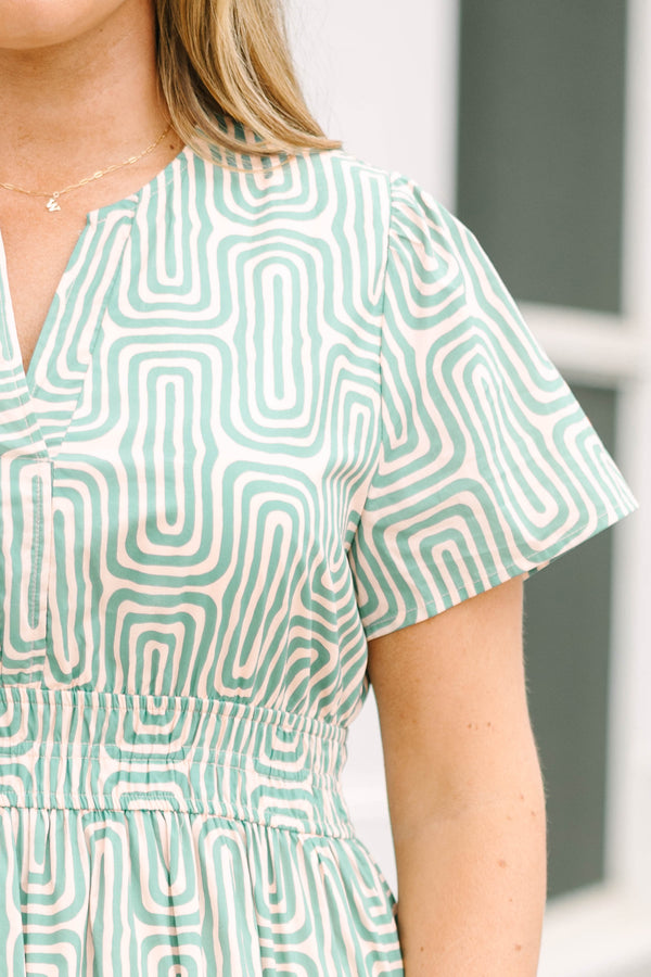 Chic Soul plus size clothing, green and white geometric line pattern short sleeve tiered maxi dress with v neck cutout and cinching at the waist