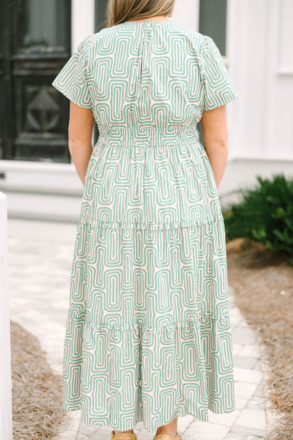 Chic Soul plus size clothing, green and white geometric line pattern short sleeve tiered maxi dress with v neck cutout and cinching at the waist