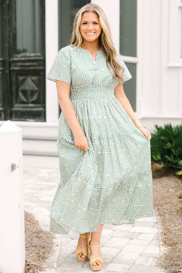 Chic Soul plus size clothing, green and white geometric line pattern short sleeve tiered maxi dress with v neck cutout and cinching at the waist
