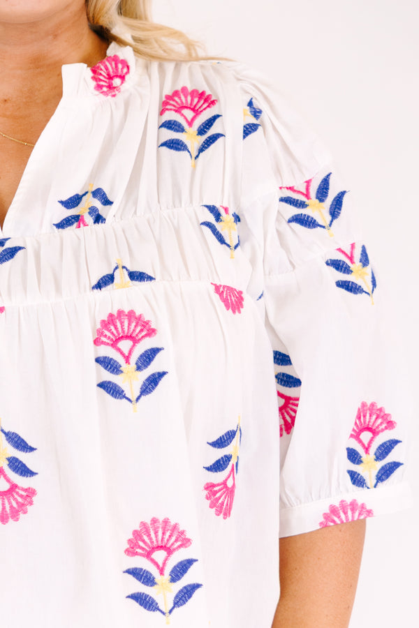 Chic Soul plus size clothing, white top with half bubble sleeves and a pink and blue block floral pattern 