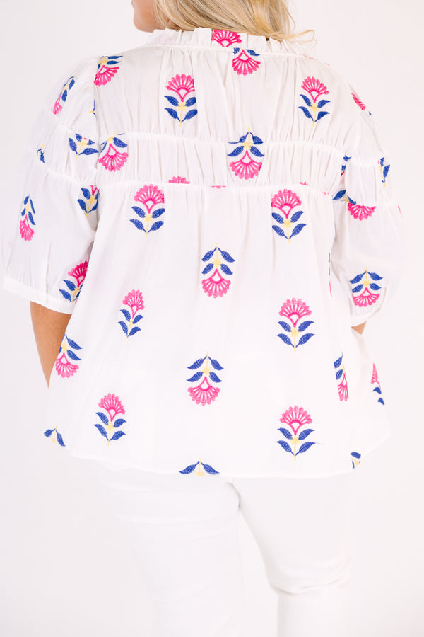 Chic Soul plus size clothing, white top with half bubble sleeves and a pink and blue block floral pattern 
