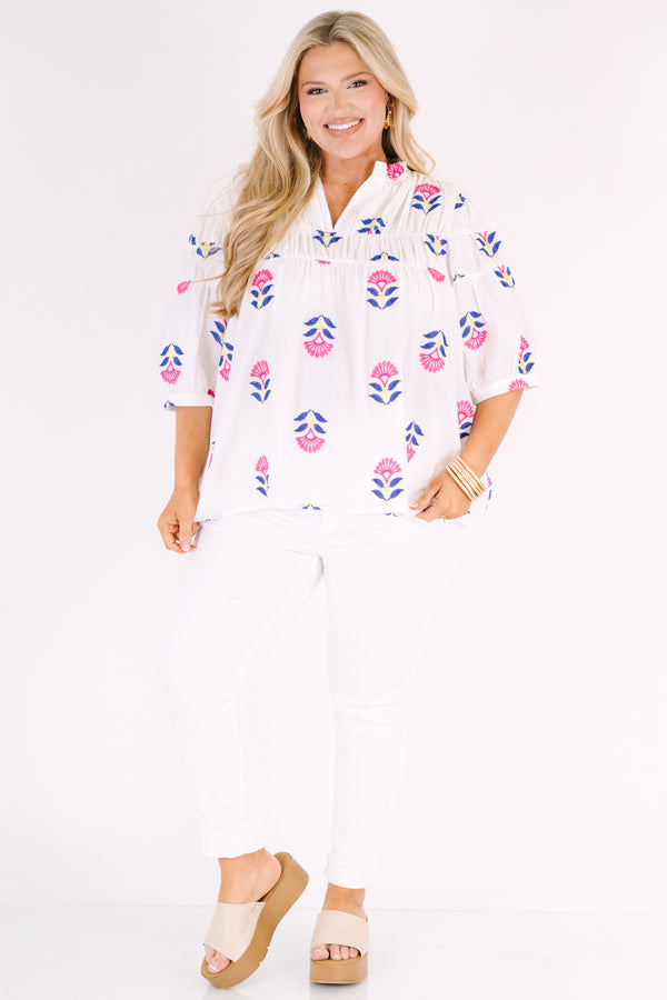 Chic Soul plus size clothing, white top with half bubble sleeves and a pink and blue block floral pattern 