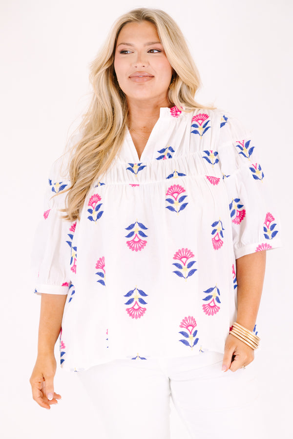 Chic Soul plus size clothing, white top with half bubble sleeves and a pink and blue block floral pattern 